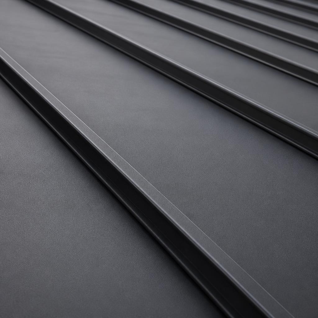 Close-up of architectural standing seam metal roofing panels